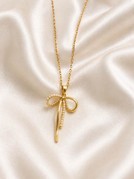 Pearl Ribbon Bow Pendant Necklace