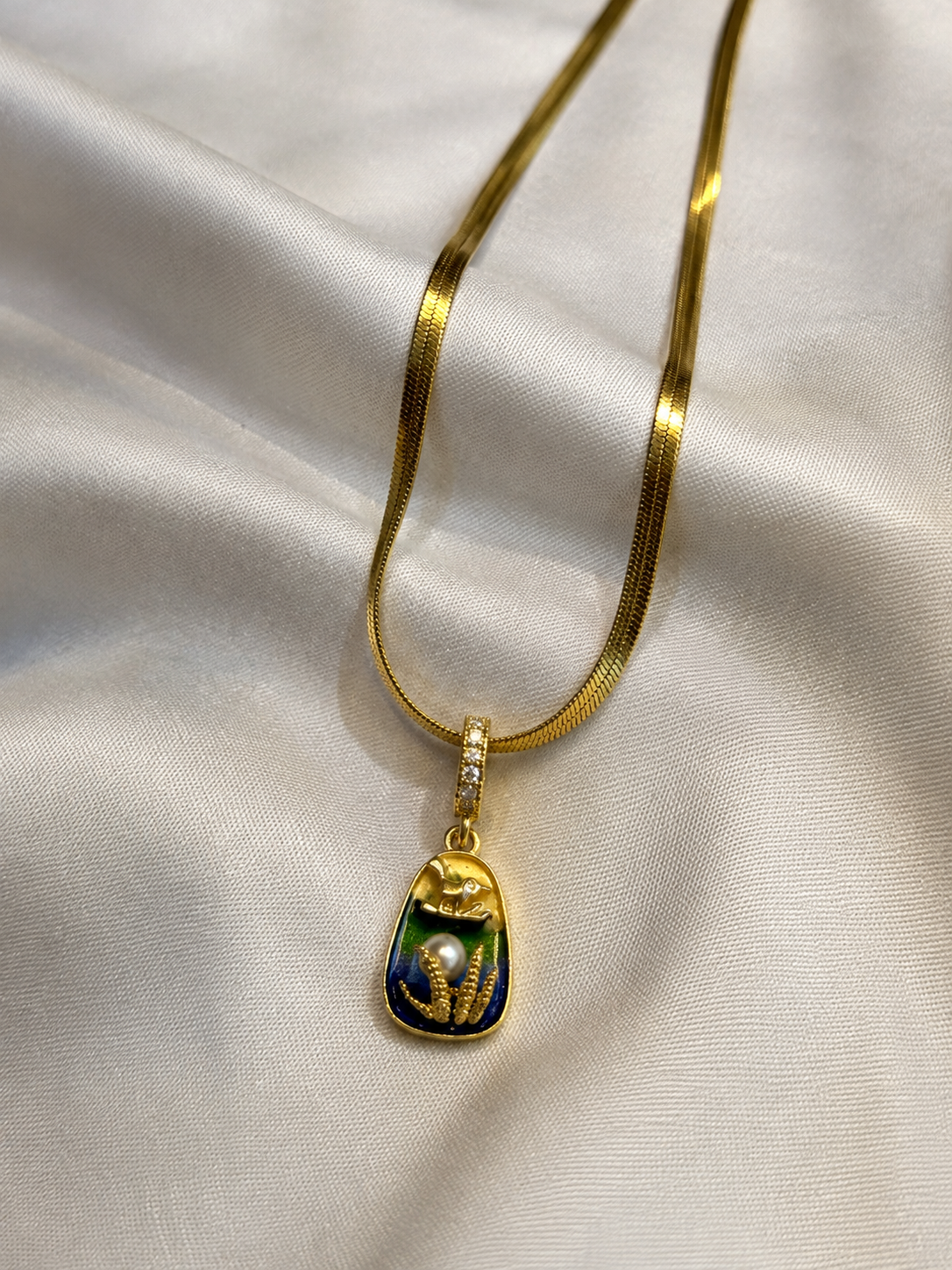 Enamelled Aquatic Landscape Pendant Herringbone Necklace